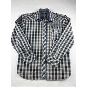 Roar Long Sleeve Snap Front Gray Plaid Embroidery Shirt Men's XL